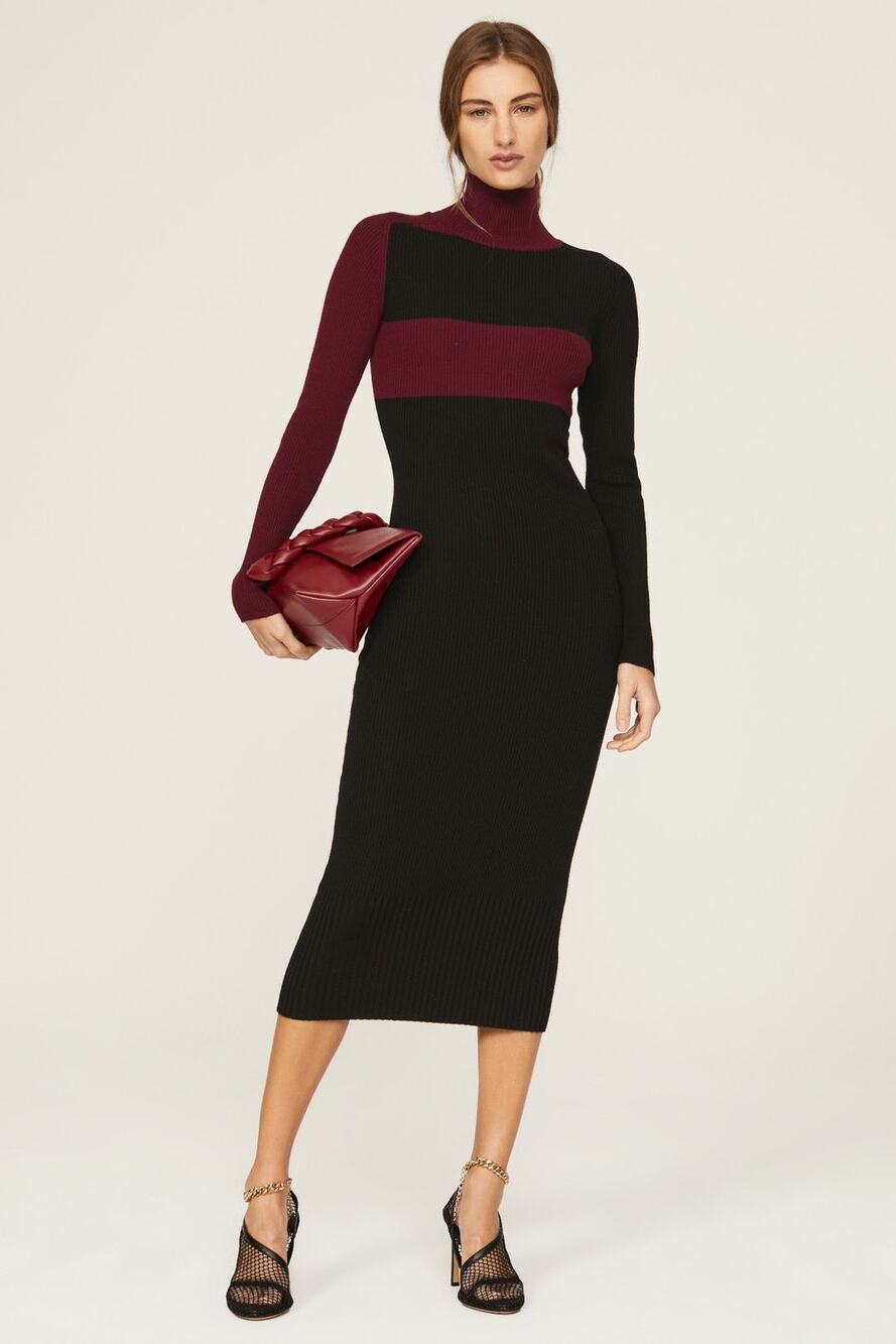 Atlein L Black Burgundy Stripe Colorblock Knit Turtleneck Long Sleeve Midi Dress